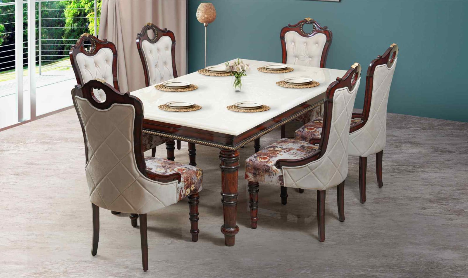 White marble six-seater dining table with turned wooden legs