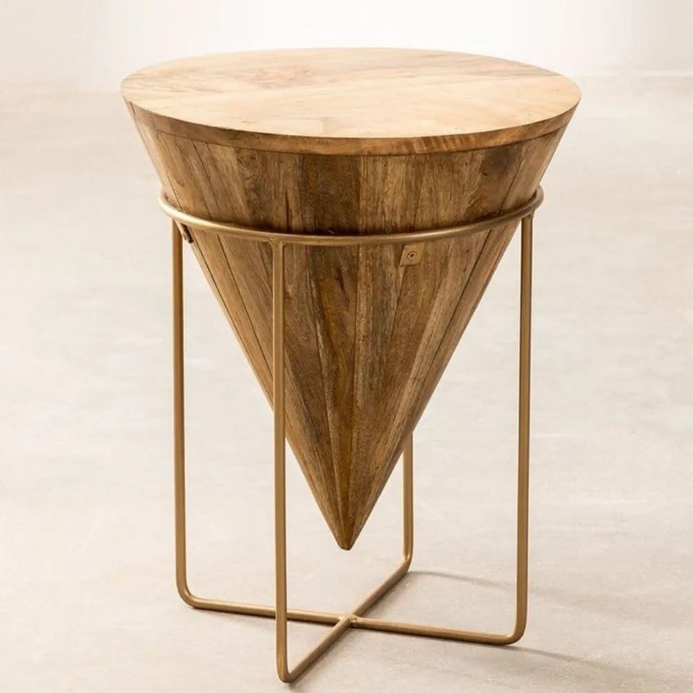 Solid wood conical accent table suspended in champagne metal frame showing wood grain